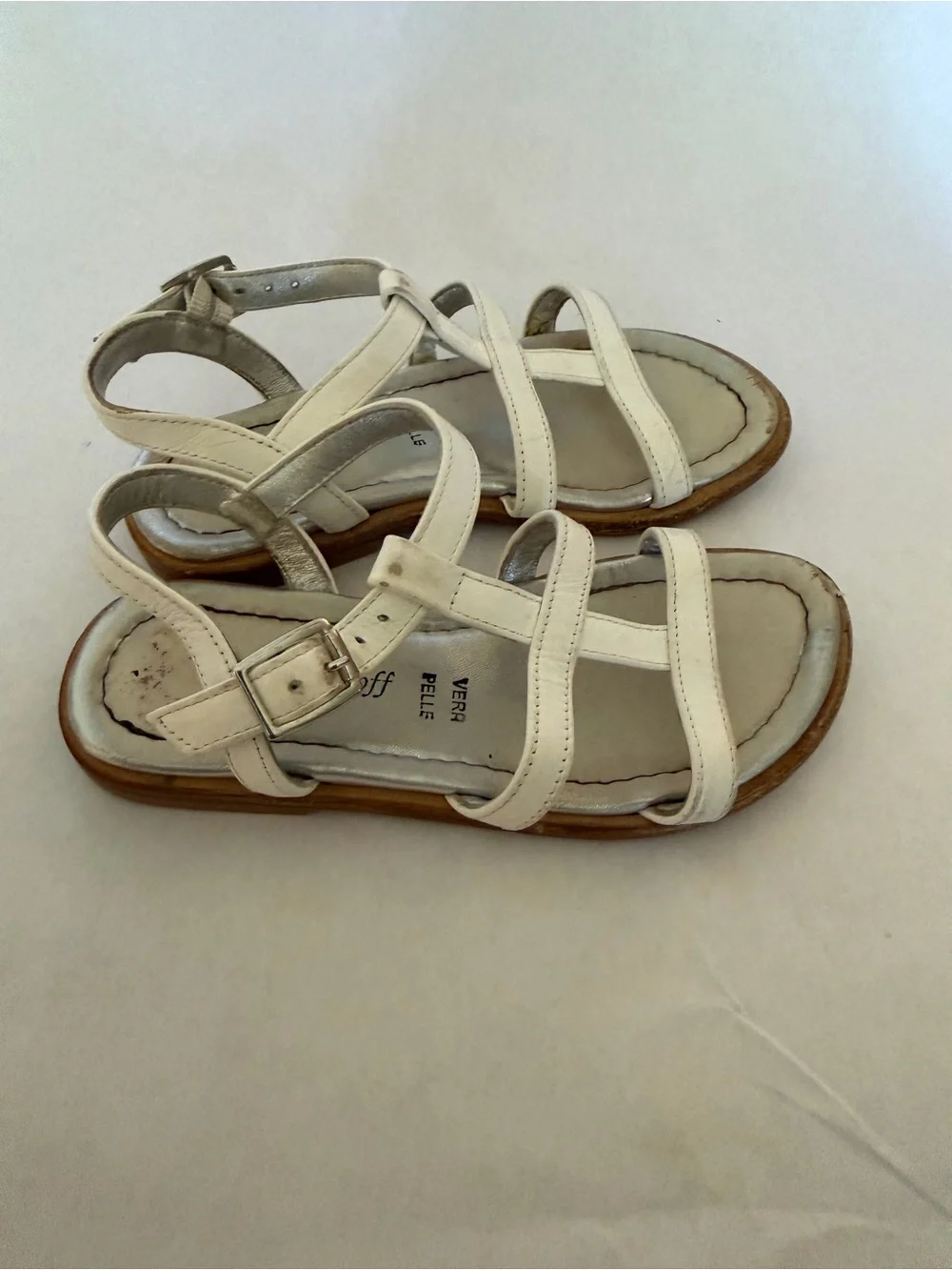 Vera Pelle White Leather T-Strap Kids Sandals